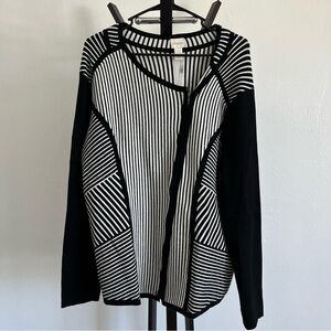 Chico's Asymmetrical Zip Cardigan Striped Sweater Long Sleeve Sz 3 Black White